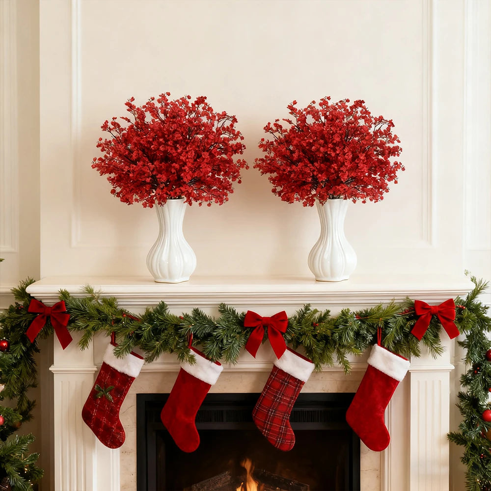 5Pcs Red Babys Breath Artificial Flowers Fake Gypsophila Bouquets for Home Wedding Table New Year Party Christmas Decorations