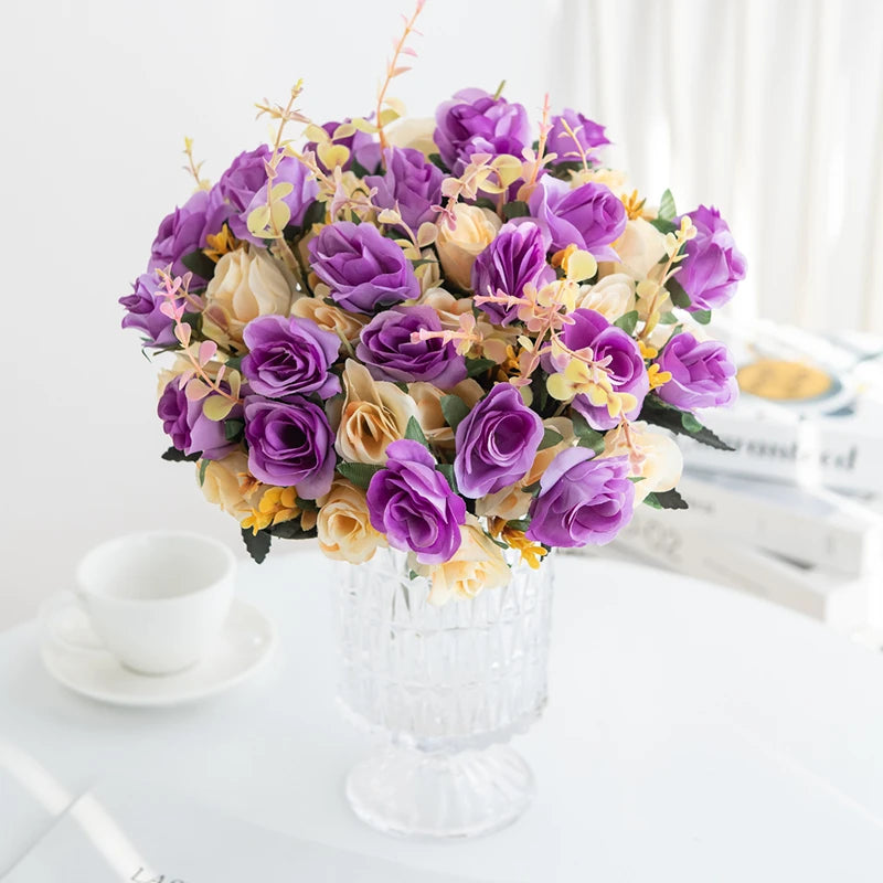 12 Heads Artificial Flowers Silk Mini Roses with Leaf Bouquet for Home Hotel Wedding Christmas Tables Decorations Bridal Bouquet