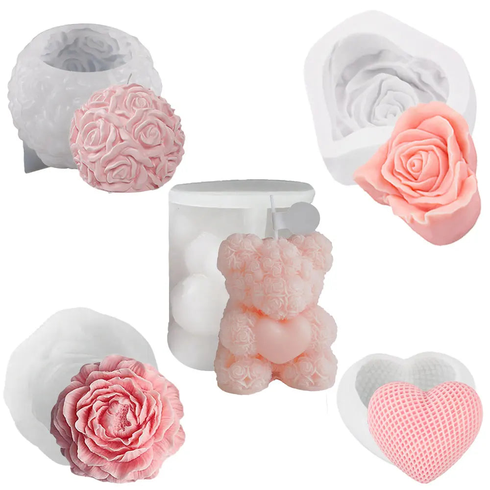 4 Style 2pcs Set Valentine's Day Teddy Bear Silicone Candle Mold Romantic Rose Heart Flower Gypsum Soap Making Tool DIY Souvenir
