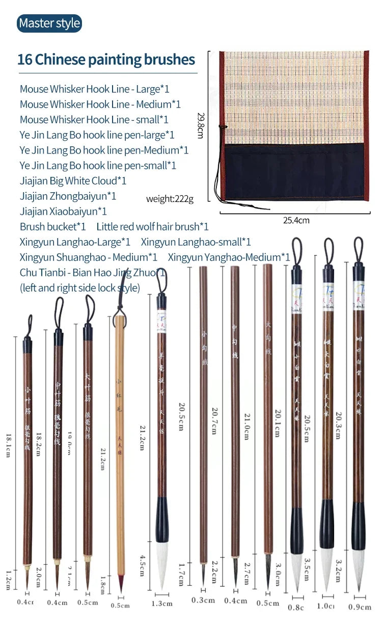 6/9/12/16Pcs Chinese Calligraphy Brushes Set with Roll-up Bamboo Brush Holder Sumi Painting Writing Kanji Art Watercolor Brush