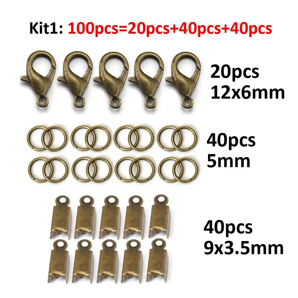 100pcs Jewelry Making Kit Components Lobster Clasp Jump Rings Connector Crimp End Beads for DIY Bracelet Necklace Chains