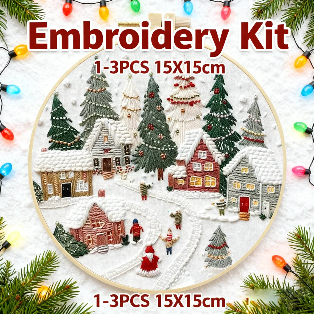 1-3Pcs Christmas Cross Stitch DIY Embroidery Kit Christmas Scene Includes Embroidery Hoop Embroidery Cloth Threads Needles