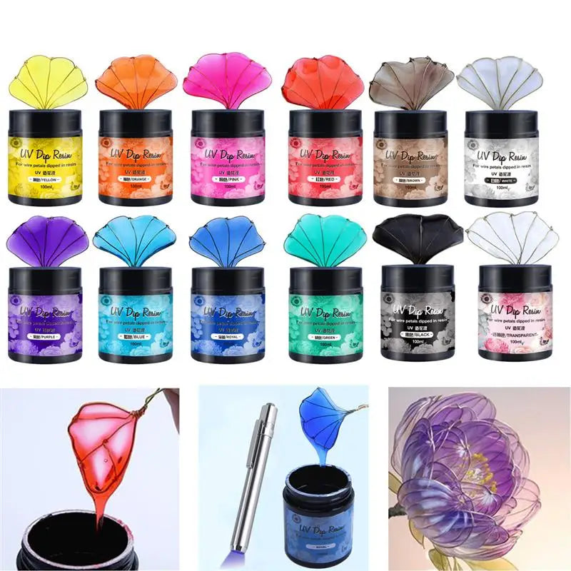 100ml UV DIP Resin Glue For Wire Flowers Colorful Liquid High Gloss Ultraviolet Curing Crystal UV Glue Jewelry Making