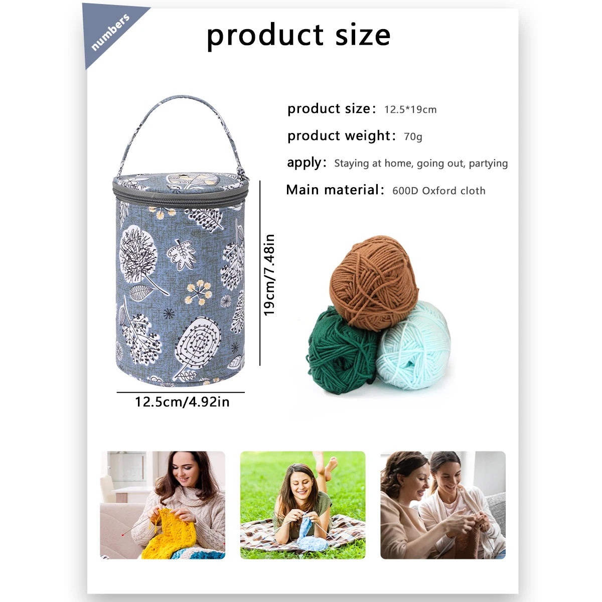 Portable Round Yarn Storage Bags Knitting Wool Yarn Bags Organizer Waterproof Crochet Hooks Bag for Sewing Accessories Tools