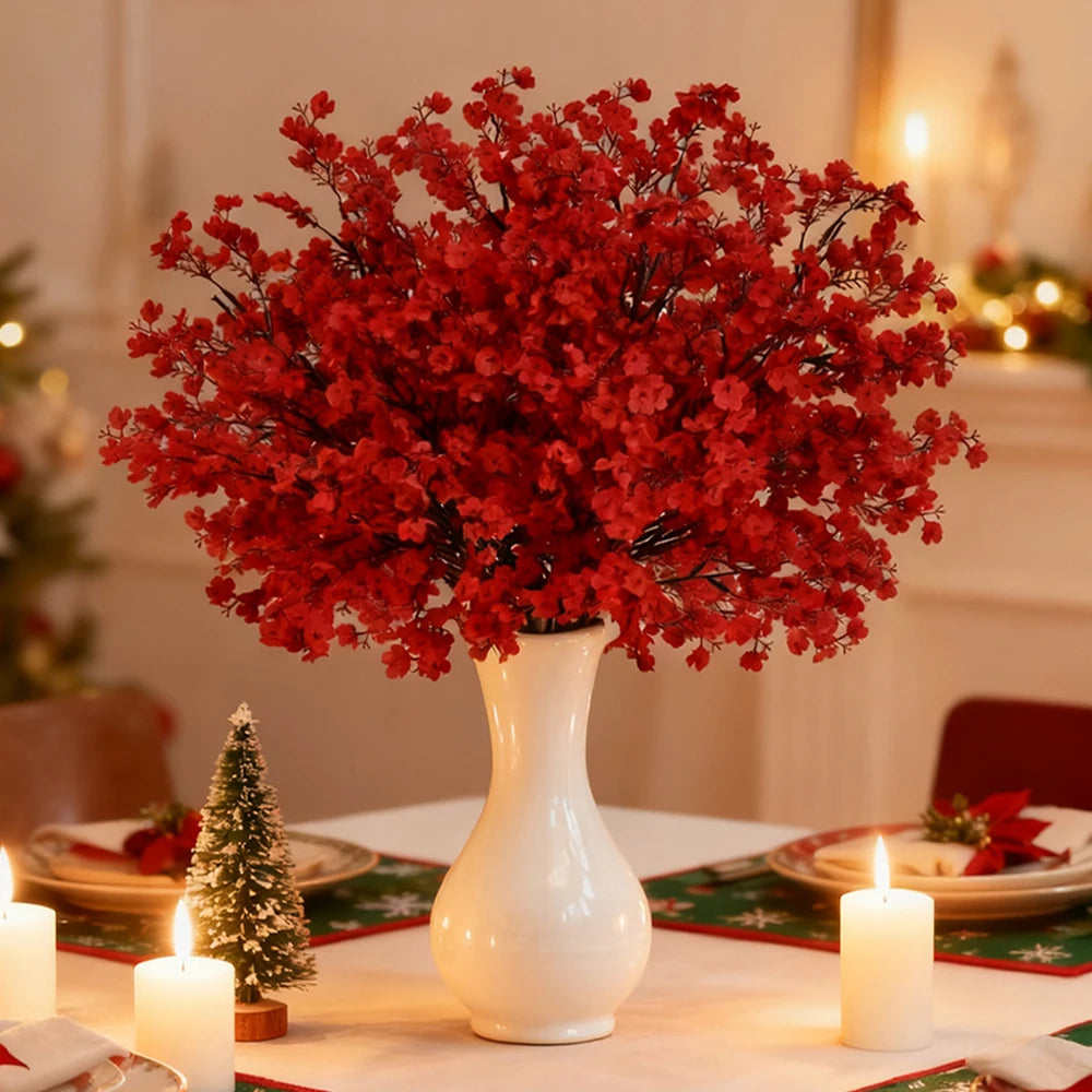 5Pcs Red Babys Breath Artificial Flowers Fake Gypsophila Bouquets for Home Wedding Table New Year Party Christmas Decorations