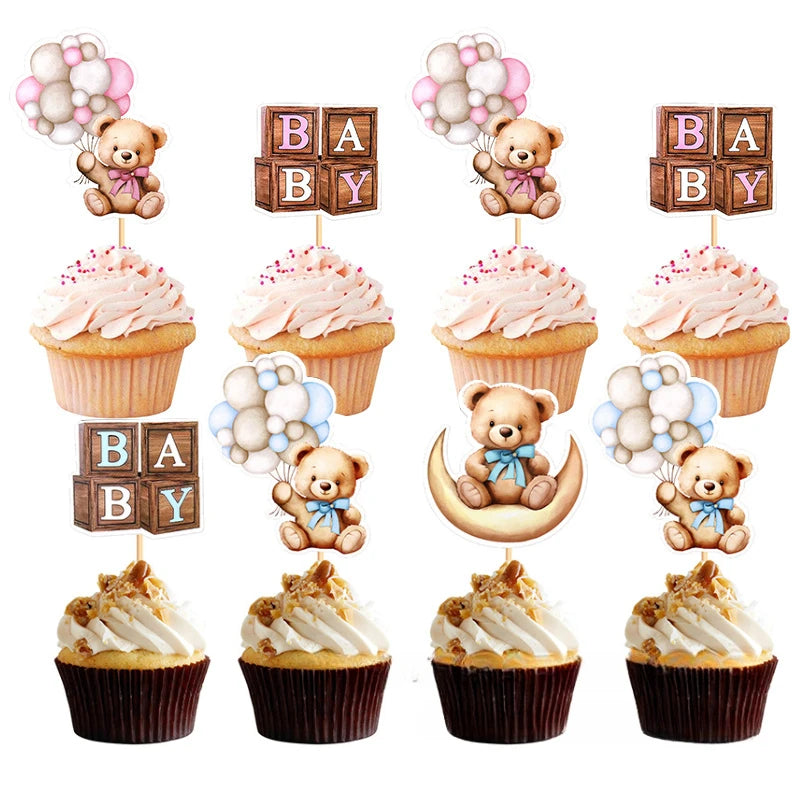 12/1pcs Pink Blue Balloon Bear Cupcake Toppers Baby Shower Supplies Gender Reveal Decor Boy Girl Birthday Party Cake Decor