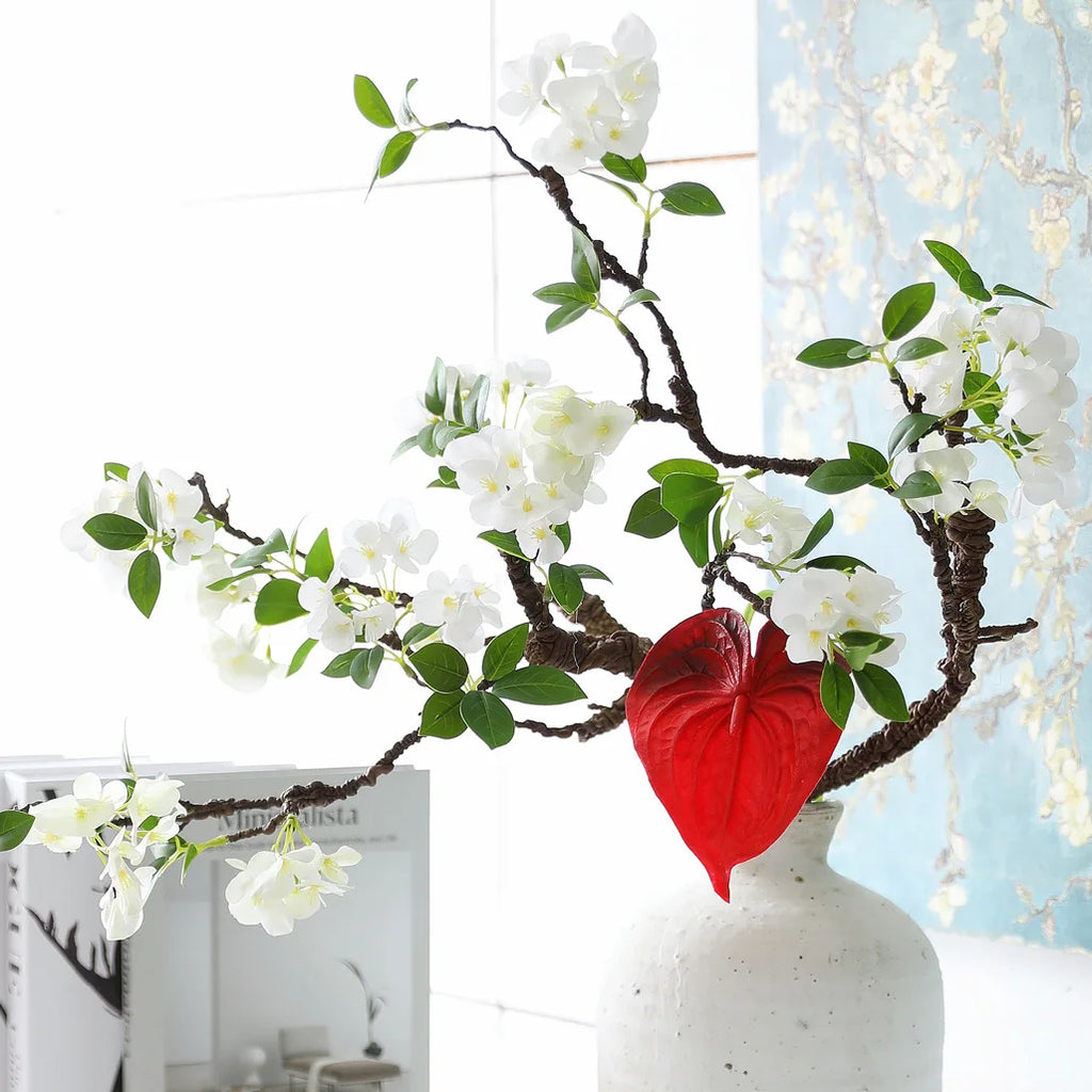 New Withered Tree Twig White Plum Blossom flower branch with fake leaves home decoration artificial flowers Photo props flores
