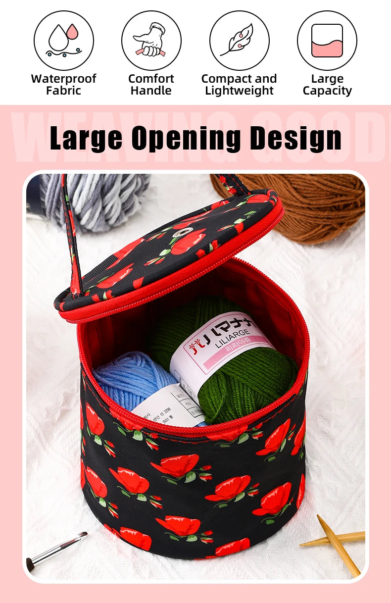 Round Yarn Handheld Storage Bag Portable Knitting Bag with Thread Hole DIY Yarn Sewing Tools Organize Crochet Hook Storage Bag