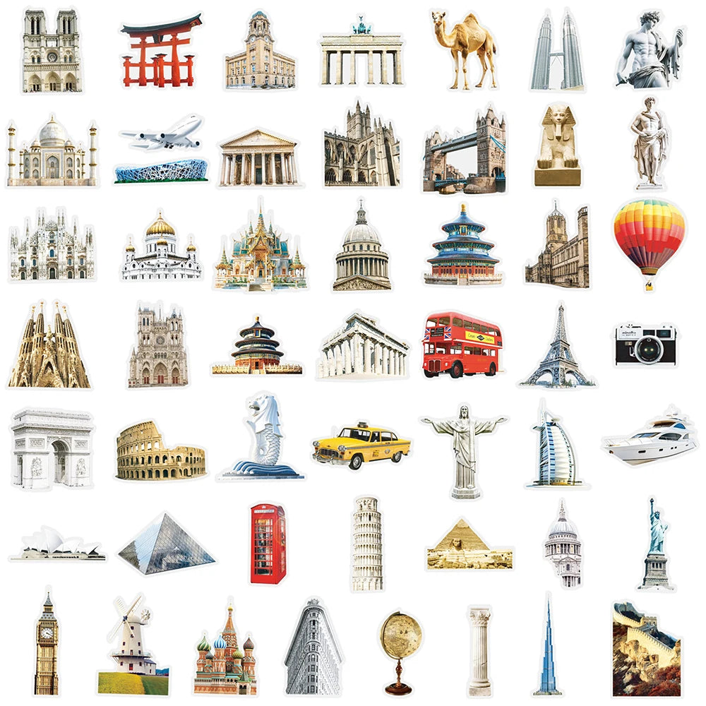 10/30/50pcs Transparent Mix World Famous Building Stickers Aesthetic Travel Landmark Decal Waterproof Graffiti Phone Suitcase