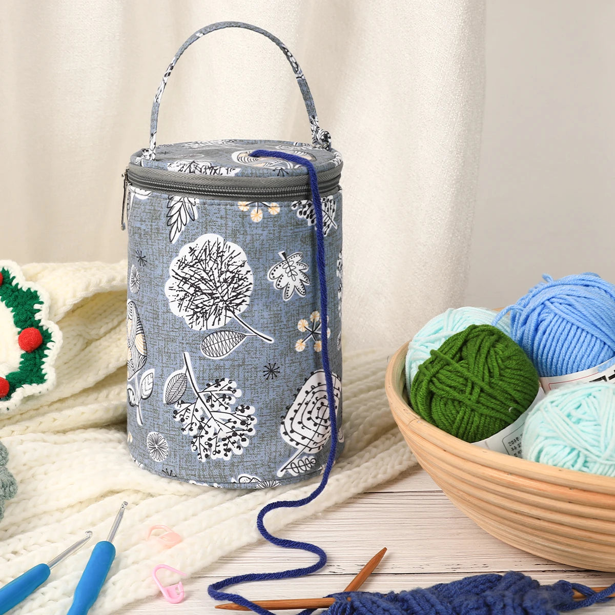 Portable Round Yarn Storage Bags Knitting Wool Yarn Bags Organizer Waterproof Crochet Hooks Bag for Sewing Accessories Tools