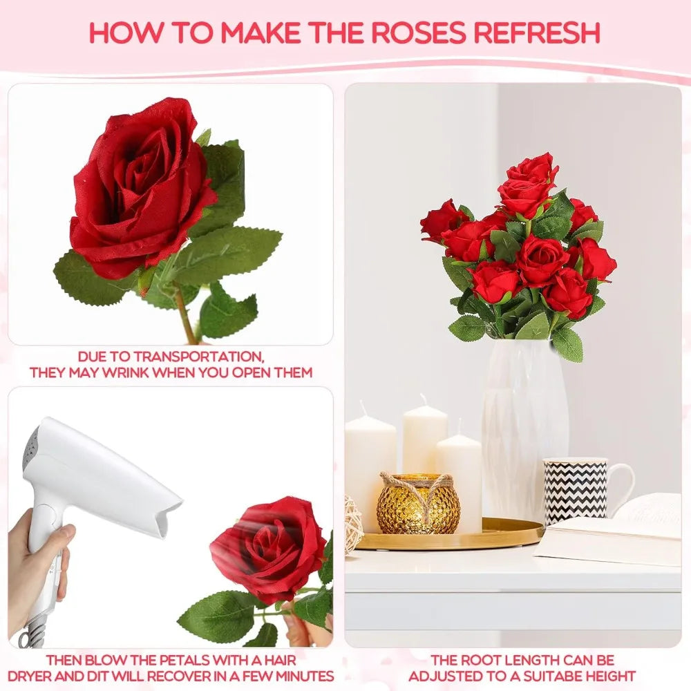 500 Pcs Artificial Silk Roses with Long Stems for Wedding Bouquet Home Party Decoration Gifts (Red)