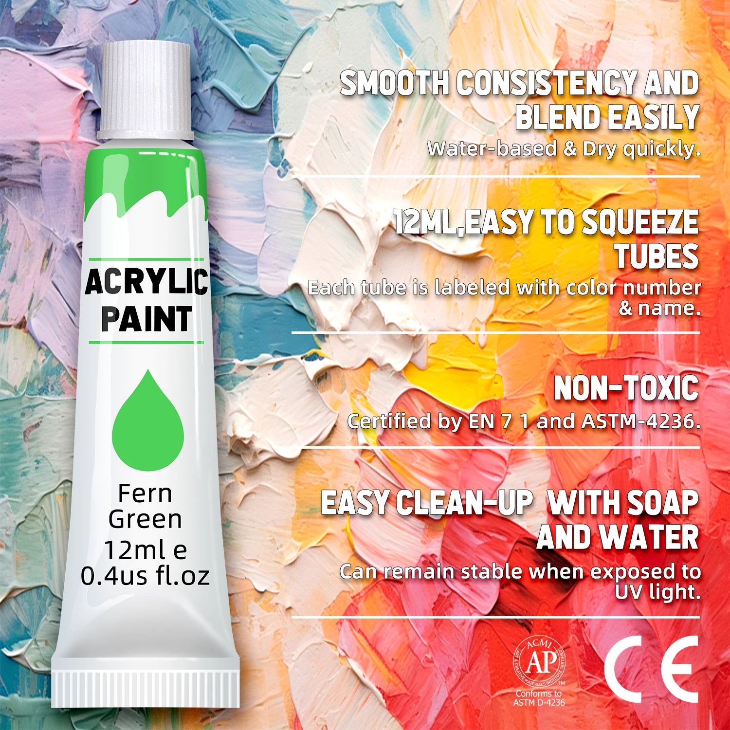 Acrylic Paint Set 12/24 Pack of 12mL Paints,Non-Toxic Craft Paint for Canvas,Wood,Fabric,Leather,Cardboard,Paper,MDF and Crafts