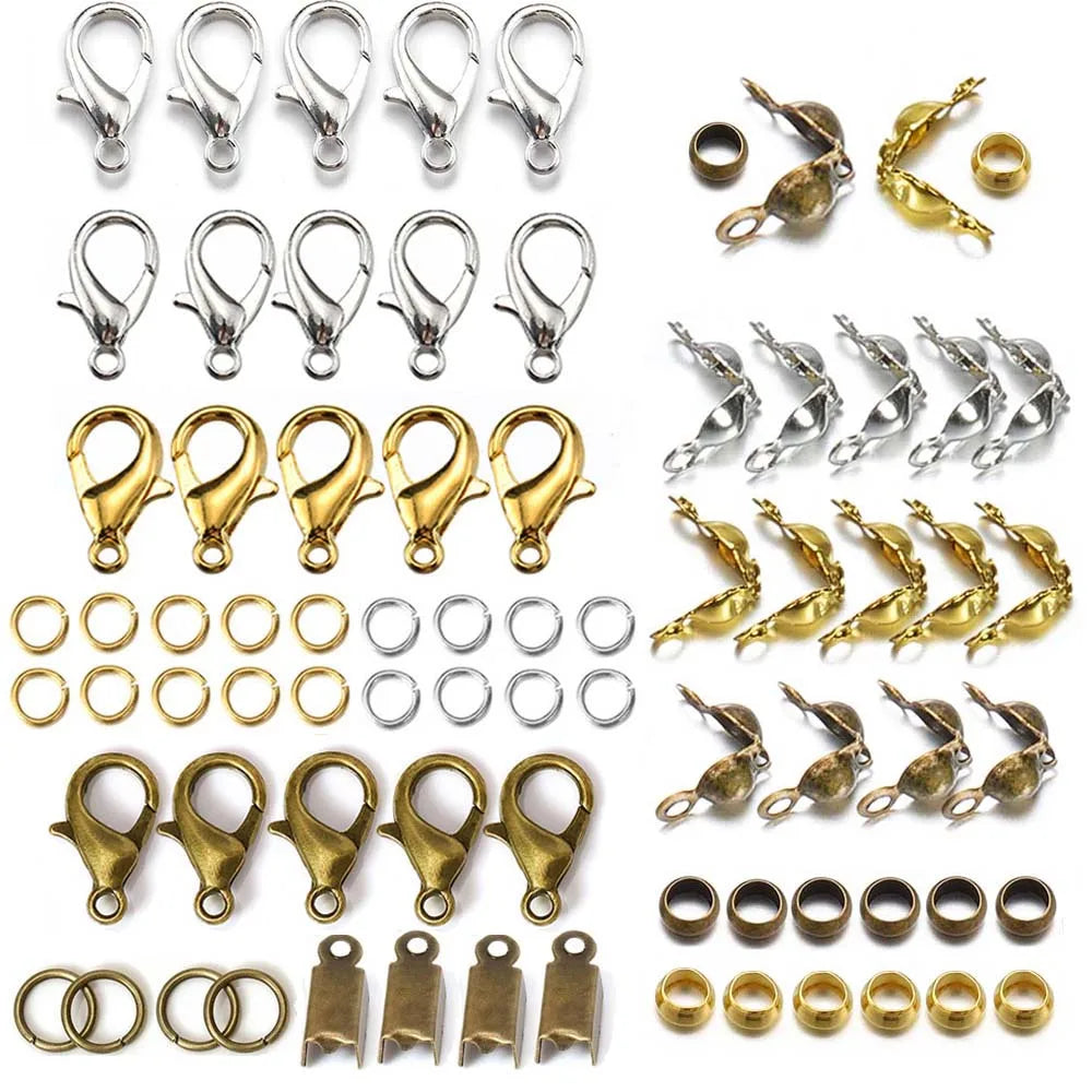 100pcs Jewelry Making Kit Components Lobster Clasp Jump Rings Connector Crimp End Beads for DIY Bracelet Necklace Chains