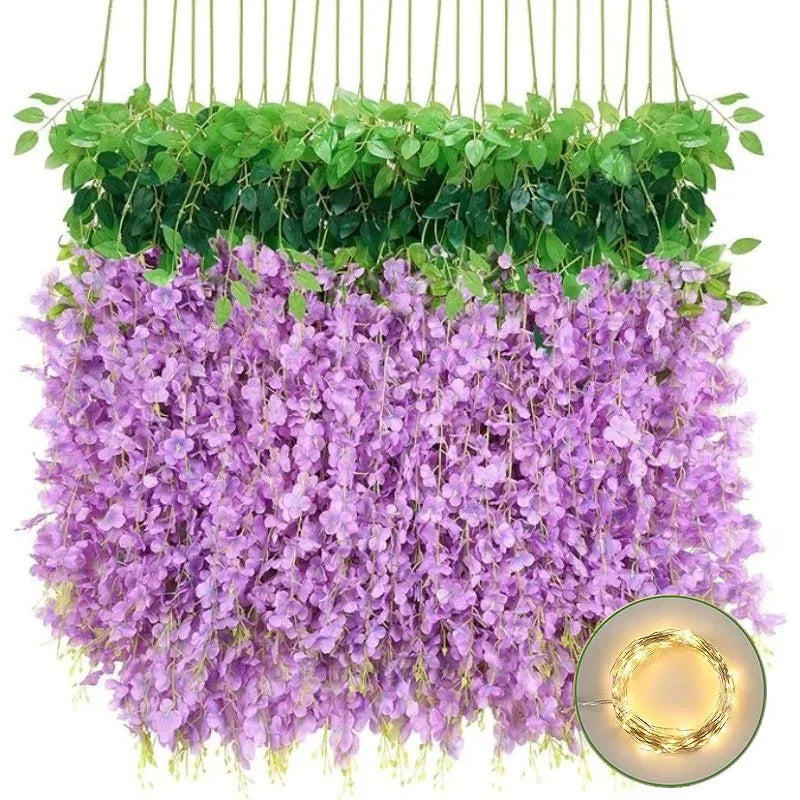 5/10Pcs 110cm Artificial Hanging Flower White Silk Wisteria Vine with Lights Garland for Aesthetic Room Party Garden Home Decor