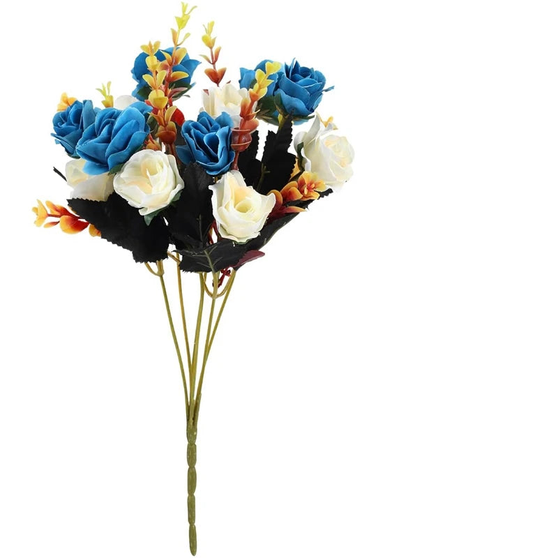 12 Heads Artificial Flowers Silk Mini Roses with Leaf Bouquet for Home Hotel Wedding Christmas Tables Decorations Bridal Bouquet