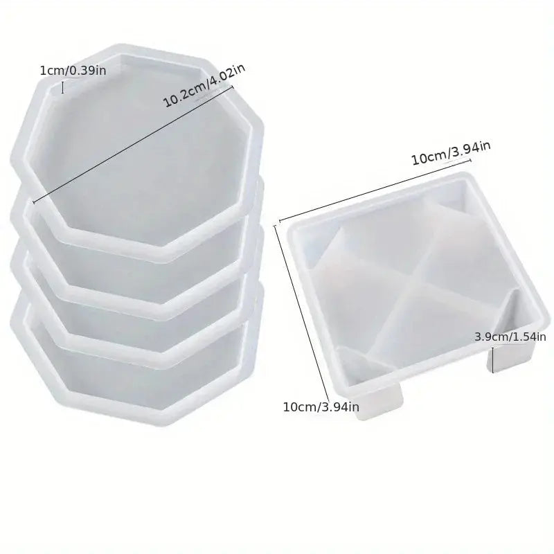 Coaster Resin Molds Set Include 1pc Coaster Storage Box Mold, 4Pcs Silicone Resin Coaster Mold for Epoxy Resin