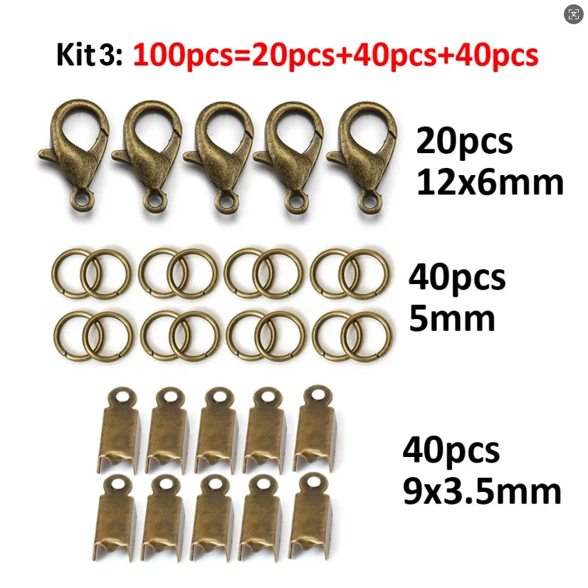 100pcs Jewelry Making Kit Components Lobster Clasp Jump Rings Connector Crimp End Beads for DIY Bracelet Necklace Chains