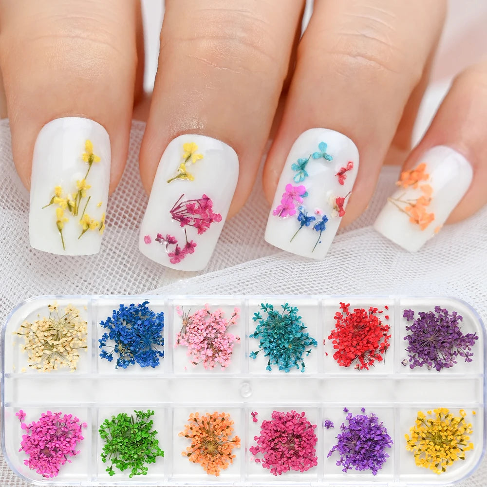 12Grid Colorful Dried Flower For Nail Charms Natural Floral Sticker Mix Dry Flowers Decal DIY UV Gel Polish Nail Art Manicure