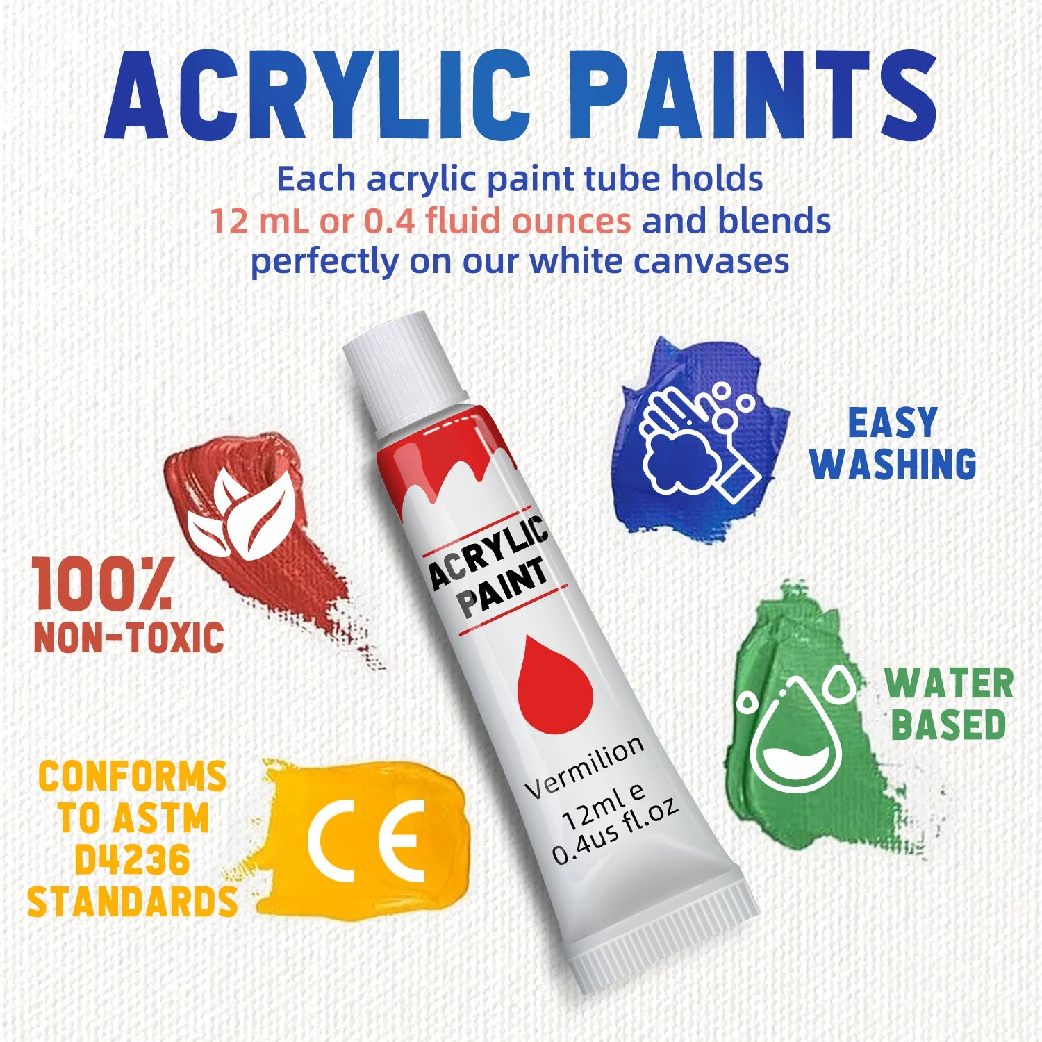 Acrylic Paint Set 12/24 Pack of 12mL Paints,Non-Toxic Craft Paint for Canvas,Wood,Fabric,Leather,Cardboard,Paper,MDF and Crafts