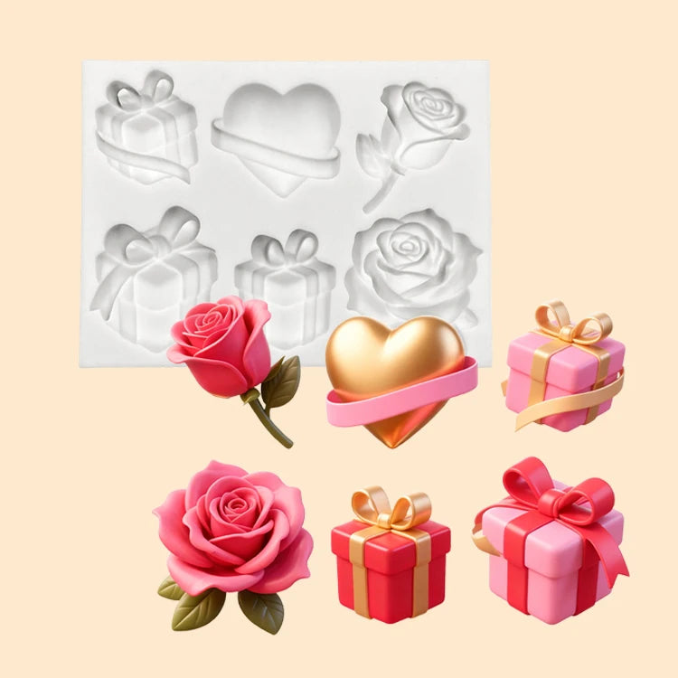 Valentine's Day Rose Silicone Molds Gift Box Bird and Dress Fondant Candy Chocolate Mould Wedding Cake Decoration Accessories