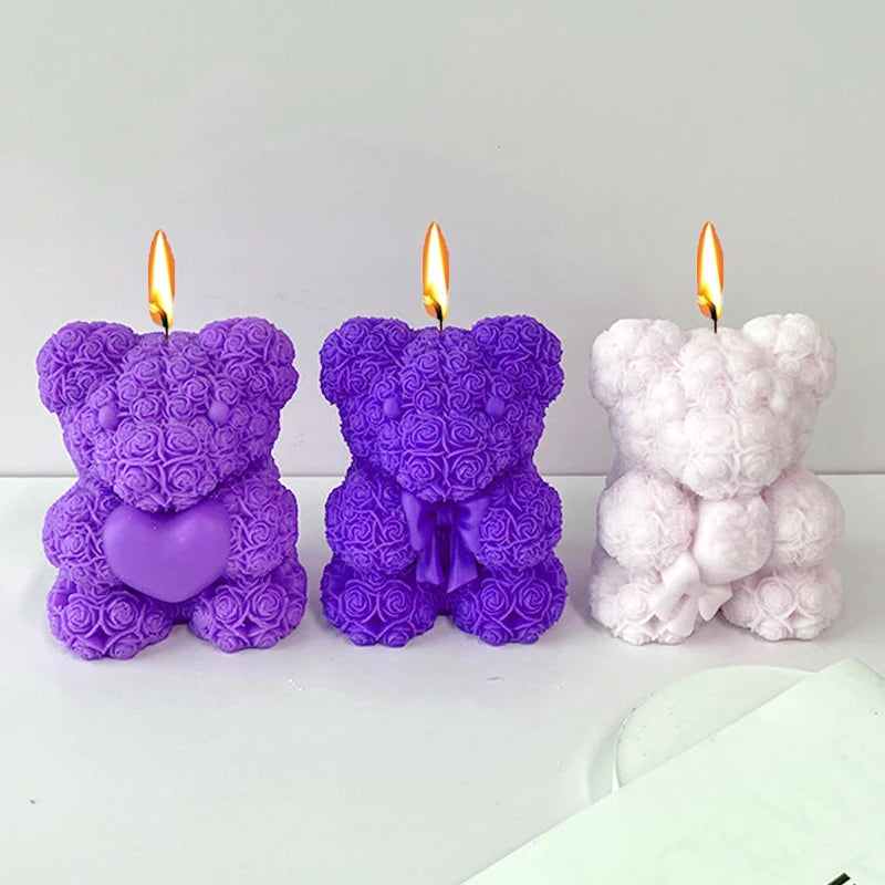 3D Rose Love Bear Silicone Candle Molds Handmade Cute Animal Soap Plaster Resin Crafts Mold DIY Chocolate Ice Cake Baking Tools