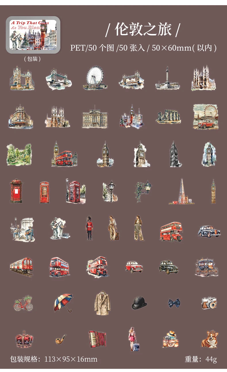 50pcs，Travel Scenery Themed Stickers Pack, Scrapbook Stickers，Perfect for Notebook Phone Case Diary Deco，Stationery  Supplies