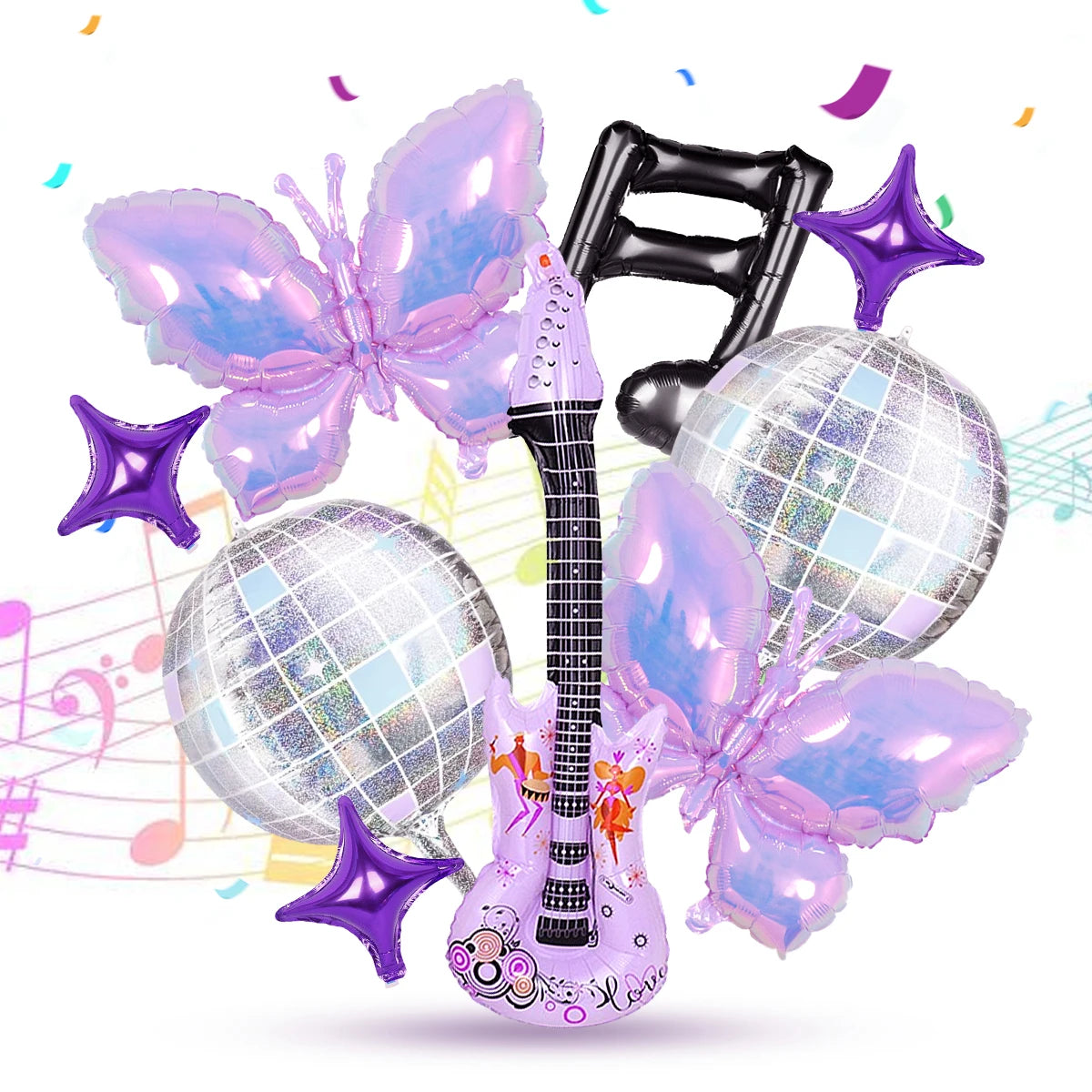9 pcs 80s/90s music themed party balloons, disco ball, guitar balloon, purple butterfly, disco birthday party, rock theme