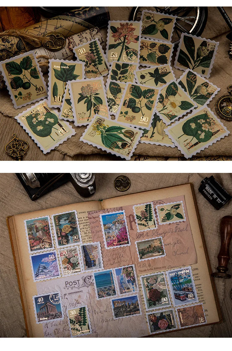 6style 30 pcs Travel Philatelic Stamp Decorative Gold Stickers DIY Scrapbook Label Diary Stationery Album Journal Sticker