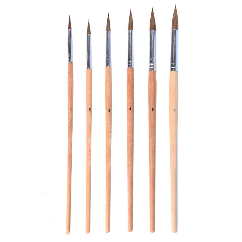 6pcs/Set,weasel hair circular head short wood rod brush watercolor brush painting pen acrylic oil painting brush art supplies