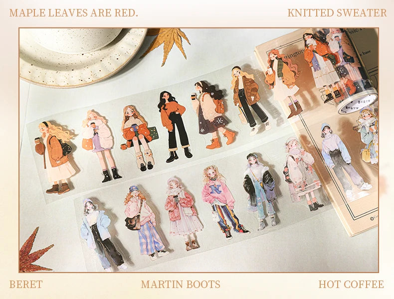 1 Roll Fashion Girl Stickers 4 Seasons Outfit DIY Scrapbook Journal Washi Tape For Phone Case Notebook Decoration Cute Stationer