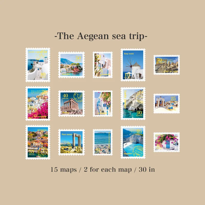 6style 30 pcs Travel Philatelic Stamp Decorative Gold Stickers DIY Scrapbook Label Diary Stationery Album Journal Sticker