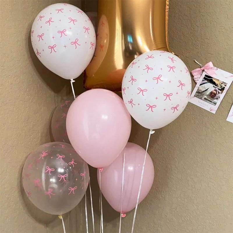 10pcs Pink Bowknot Pattern Latex Balloons Set Girls Birthday Baby Shower Princess Party Decor Romantic Pink Party Supplies ﻿ ﻿