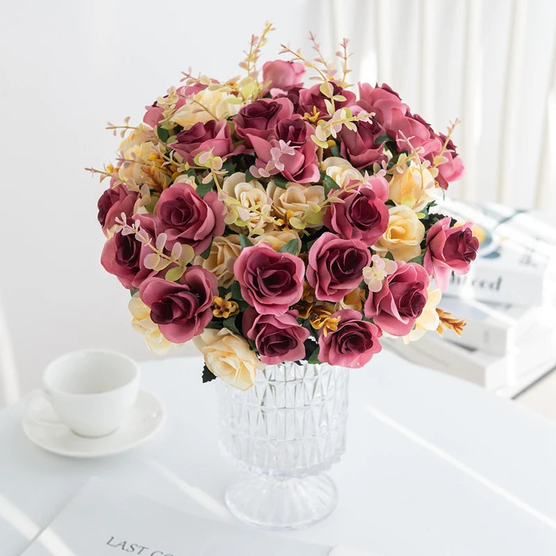 12 Heads Artificial Flowers Silk Mini Roses with Leaf Bouquet for Home Hotel Wedding Christmas Tables Decorations Bridal Bouquet