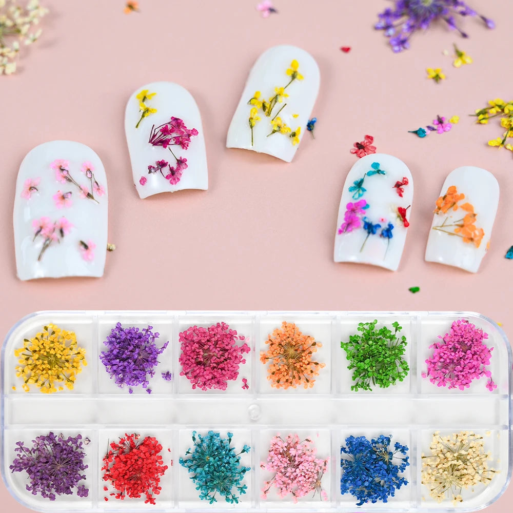 12Grid Colorful Dried Flower For Nail Charms Natural Floral Sticker Mix Dry Flowers Decal DIY UV Gel Polish Nail Art Manicure
