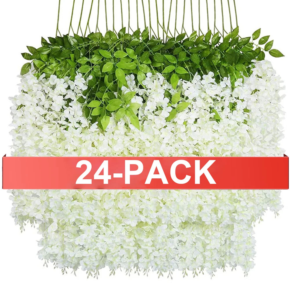 24PCS Artificial Wisteria Flowers Hanging Garland Fake Ivy Vine Flower String for Arch Wedding Party Home Room Decoration Flower