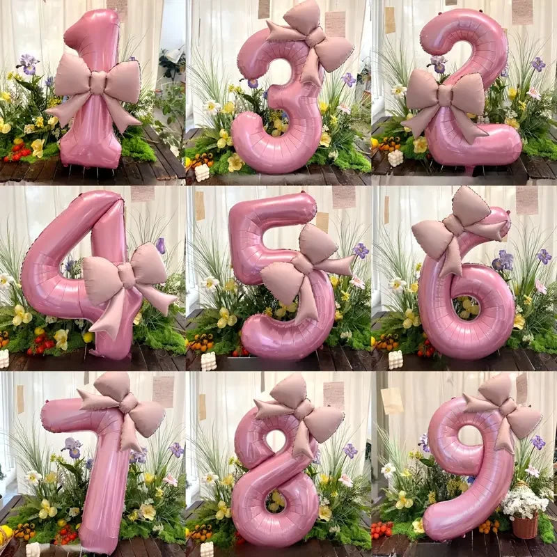 Bow Number Foil Balloons Pink 0-9 for Girls Women Birthday  Anniversary Baby Shower Princess Party Decor Inflatable Supplies