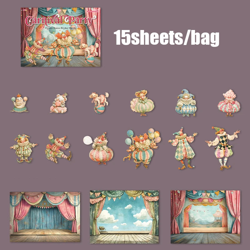 Mr. Paper Carnival Party Stickers 15pcs - Circus Diorama Card Decals, Creative Journal Collage, Themed Diary Decor DIY Scrapbook