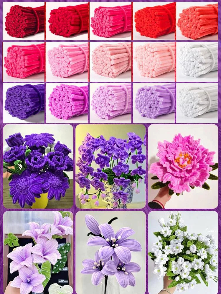 100Pcs Colorful Chenille Stems Pipe Cleaners Plush Tinsel Stem Wired Twist Sticks DIY Hair Flowers Kids Toys Handmade Craft Gift