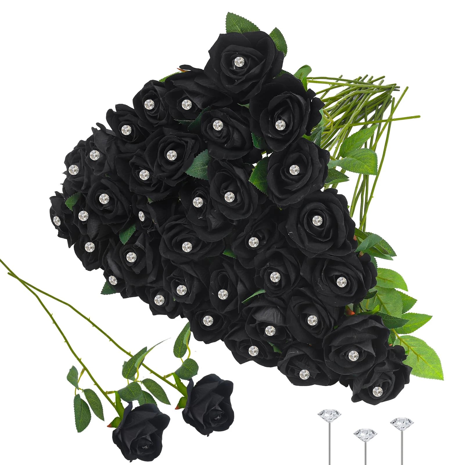 12-200Pcs Artificial Rose Flower Silk Roses with Diamond Valentine's Day Gift Fake Roses Red Roses for DIY Wedding Party Decor