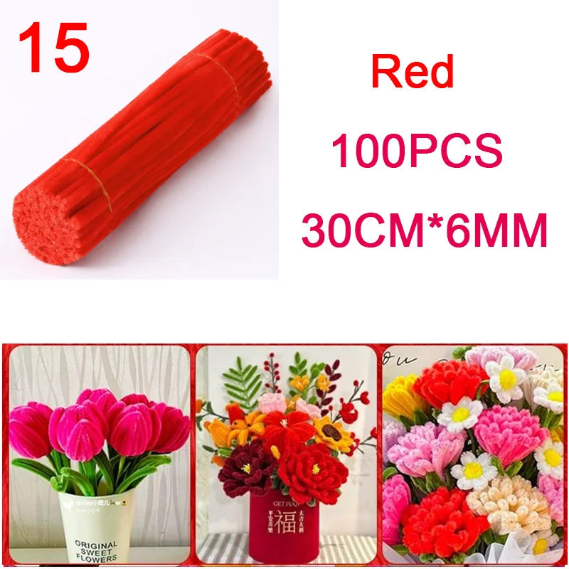 100Pcs Colorful Chenille Stems Pipe Cleaners Plush Tinsel Stem Wired Twist Sticks DIY Hair Flowers Kids Toys Handmade Craft Gift