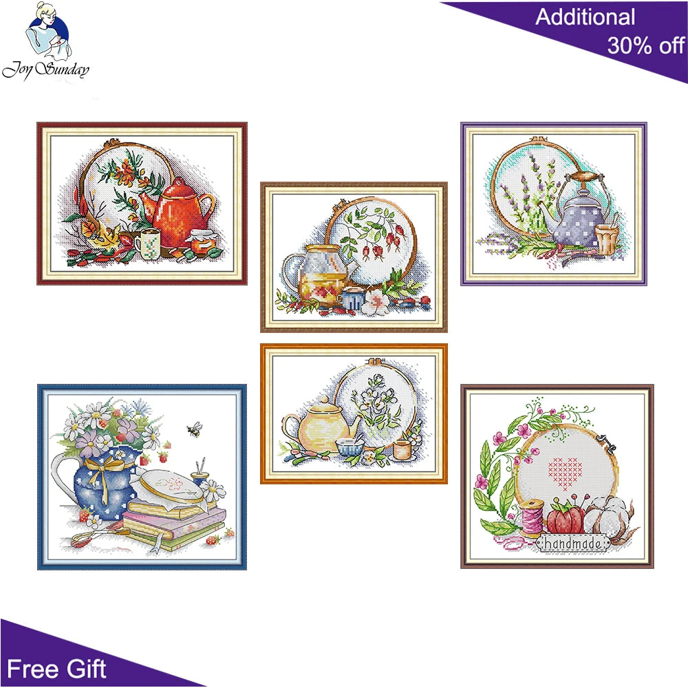 Joy Sunday Cross Stitch, Afternoon Tea, Spring, Summer, Autumn, Winter, J611, J612, J702, J703, J704, J705, Flowers Cross Stitch