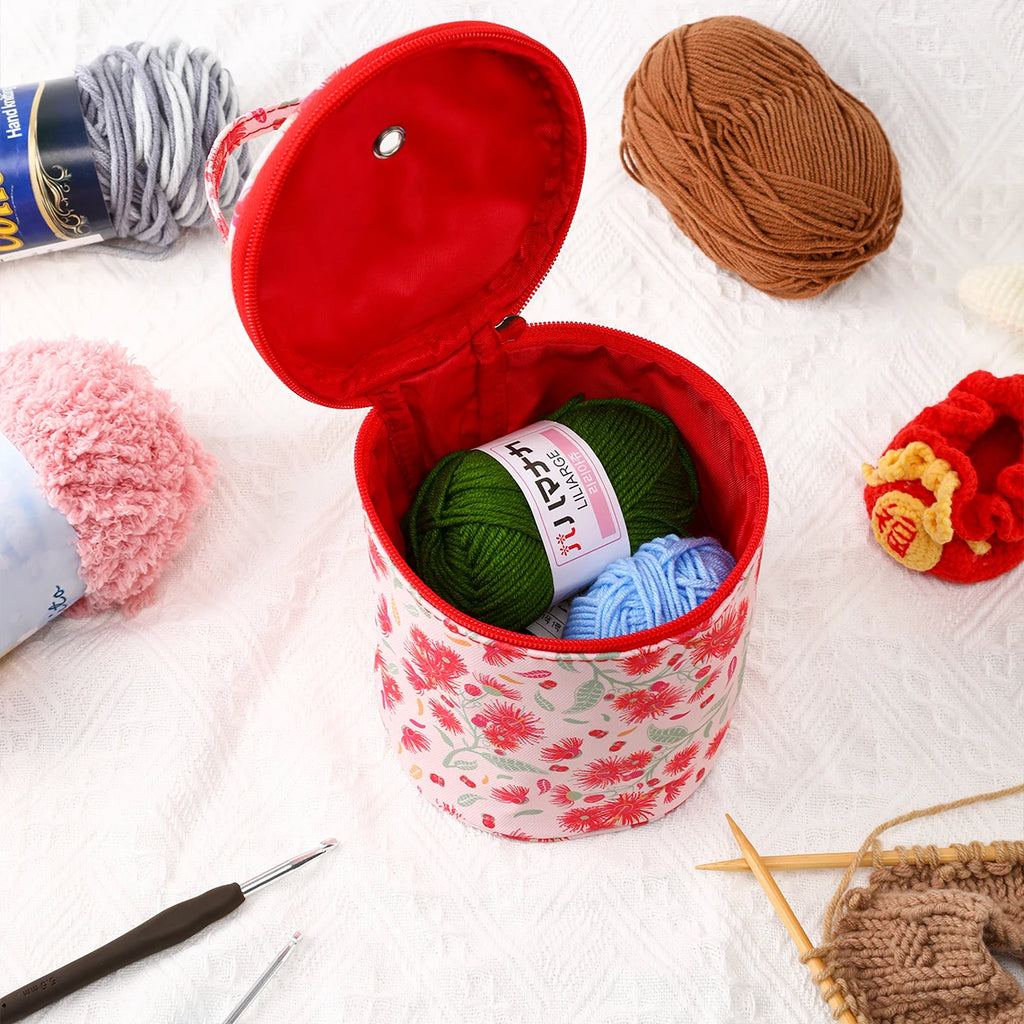 Round Yarn Handheld Storage Bag Portable Knitting Bag with Thread Hole DIY Yarn Sewing Tools Organize Crochet Hook Storage Bag