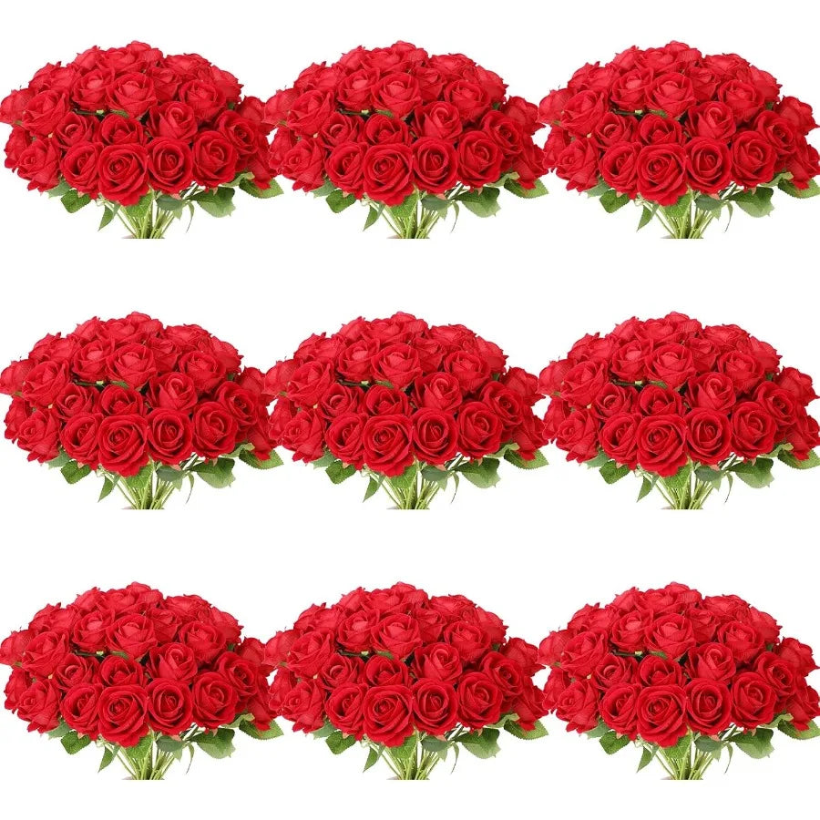 102 PCS Fake Roses Artificial Flowers Bulk Red Roses Silk Faux Rose with Stems for Wedding Flowers Decoration Valentine's Day B