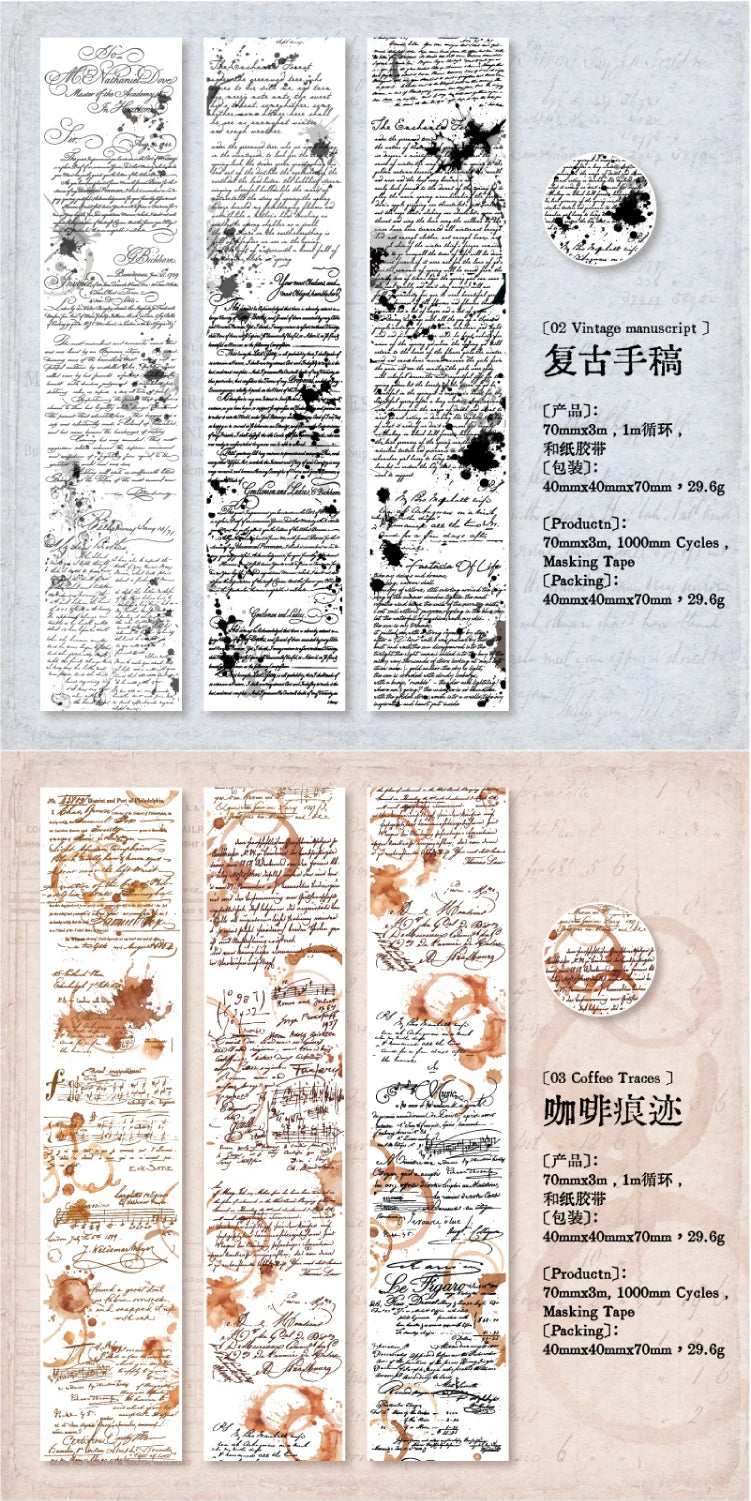 70mm * 200cm/roll retro style text manuscript theme Washi tape Collage Junk Journal Background Decoration sticker DIY scrapbook