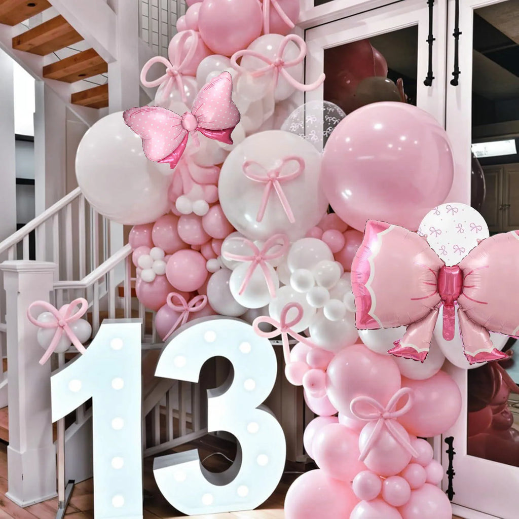Bow Balloons, Light Baby Pink White Clear Pastel Balloons with Bow Foil Balloon for Girl Princess Bridal Birthday Party Supplies