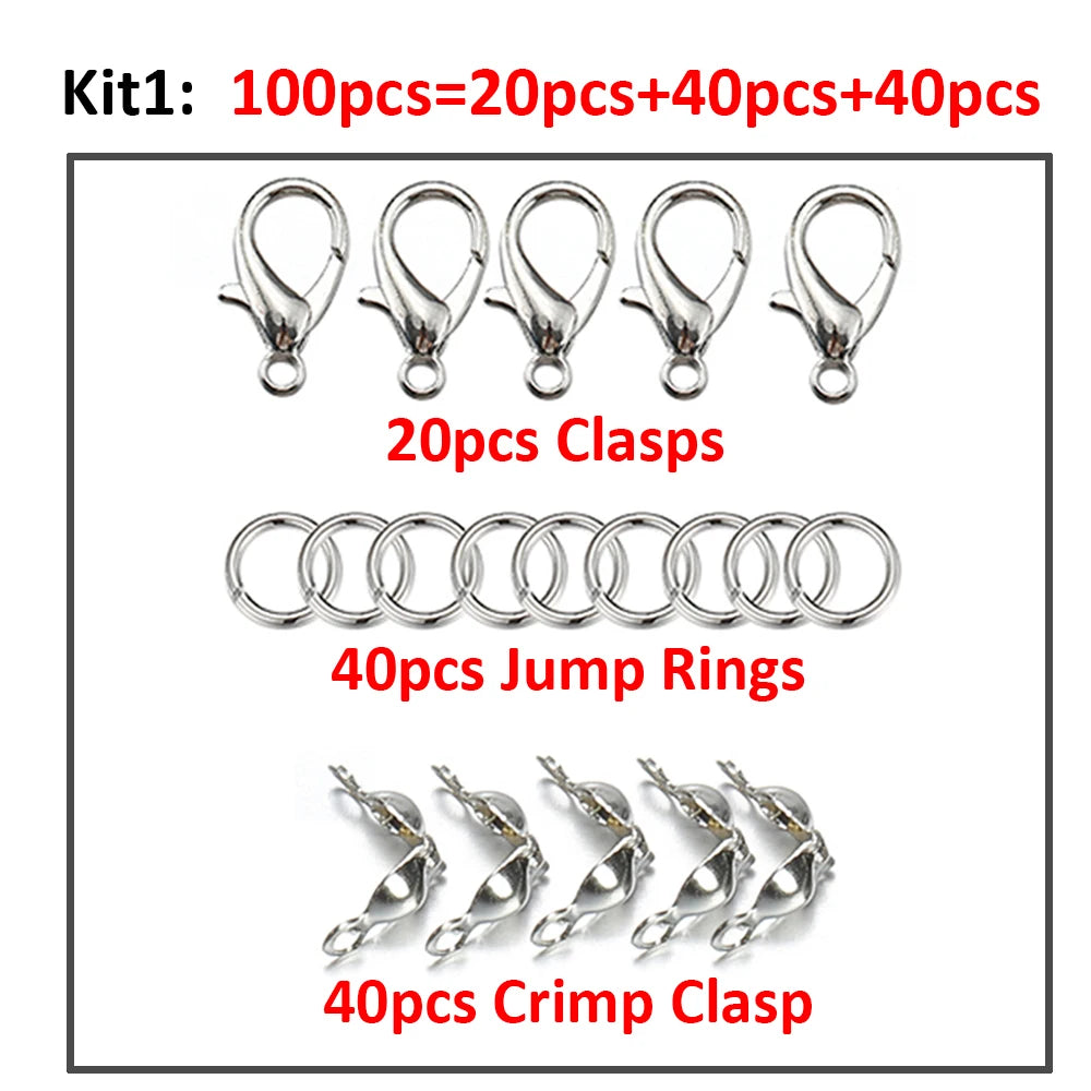 100pcs Jewelry Making Kit Components Lobster Clasp Jump Rings Connector Crimp End Beads for DIY Bracelet Necklace Chains