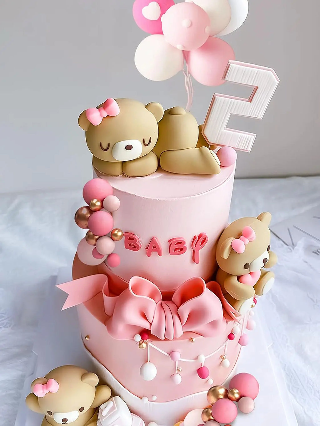 Luxury Teddy Bear Cake Decoration Bear Birthday Cake Topper With Bow for Baby Shower Girl's Birthday Party Supplies