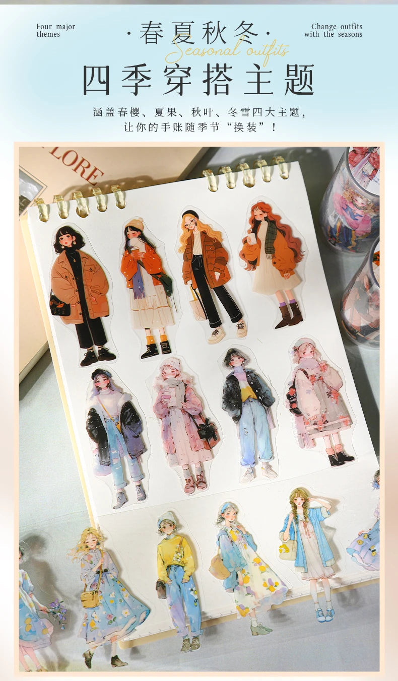1 Roll Fashion Girl Stickers 4 Seasons Outfit DIY Scrapbook Journal Washi Tape For Phone Case Notebook Decoration Cute Stationer