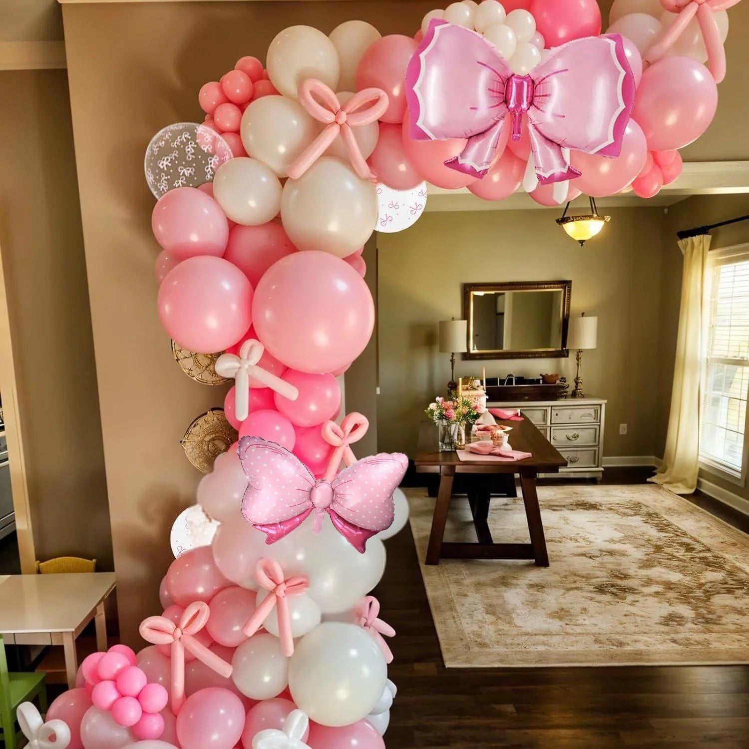 Bow Balloons, Light Baby Pink White Clear Pastel Balloons with Bow Foil Balloon for Girl Princess Bridal Birthday Party Supplies