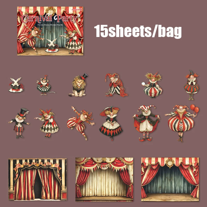 Mr. Paper Carnival Party Stickers 15pcs - Circus Diorama Card Decals, Creative Journal Collage, Themed Diary Decor DIY Scrapbook